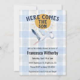 Convite 003 Cobalt 020 Fog Sun Plaid Stork Baby Shower