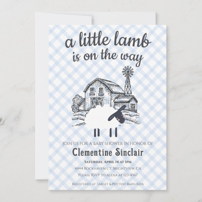 Convite 003 Cobalt Blue A Little Lamb Gingham Baby Shower (Frente)