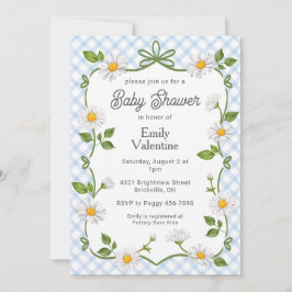 Convite 003 Cobalt Blue Floral Daisy Plaid Baby Shower