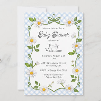Convite 003 Cobalt Blue Floral Daisy Plaid Baby Shower