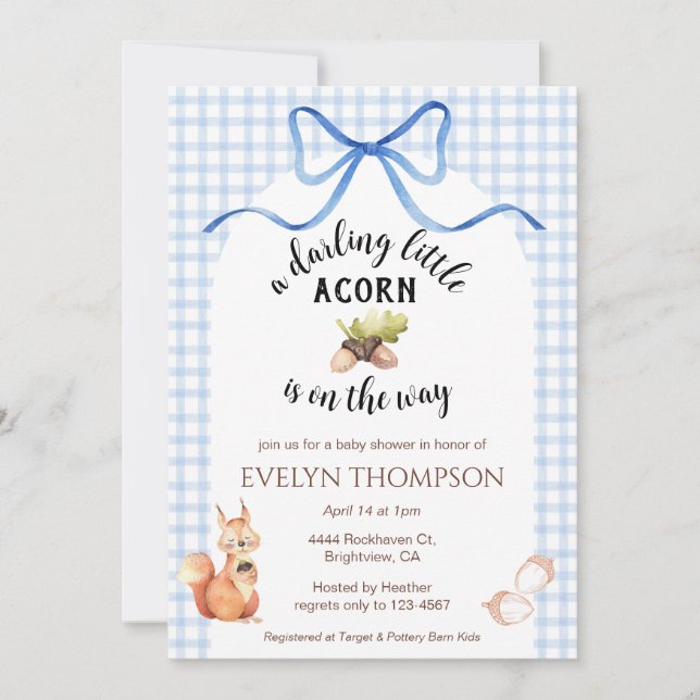 Convite 003 Cobalt Blue Squirrel Acorn Gingham Baby Shower (Frente)