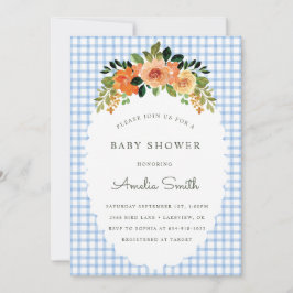 Convite 003 Cobalt Floral Gingham Baby Shower Invitations