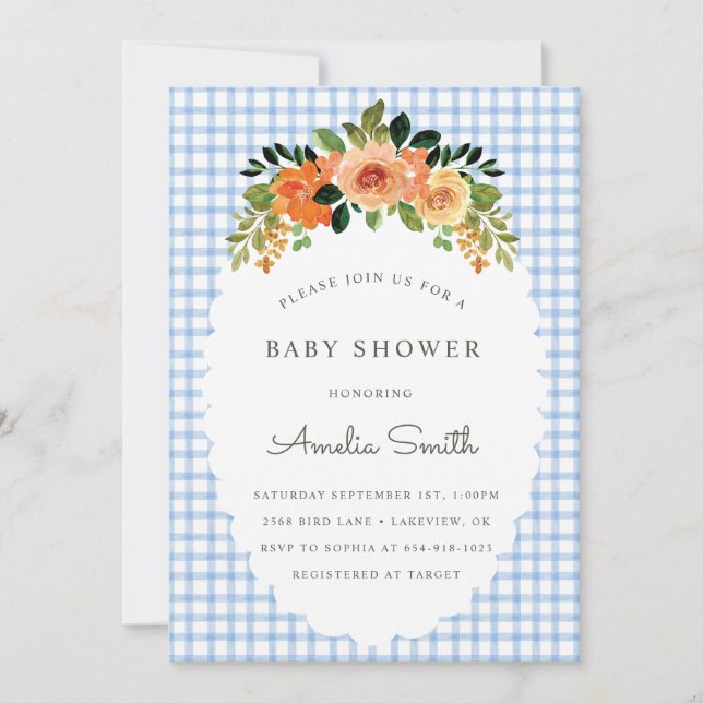 Convite 003 Cobalt Floral Gingham Baby Shower Invitations (Frente)