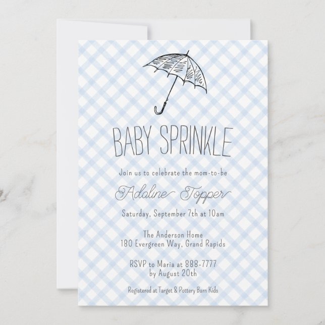 Convite 003 Cobalt Modern Umbrella Baby Sprinkle Gingham (Frente)