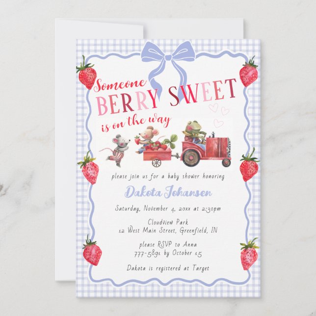 Convite 004 Chá de Bebê Indigo Gingham Berry Sweet Farm (Frente)