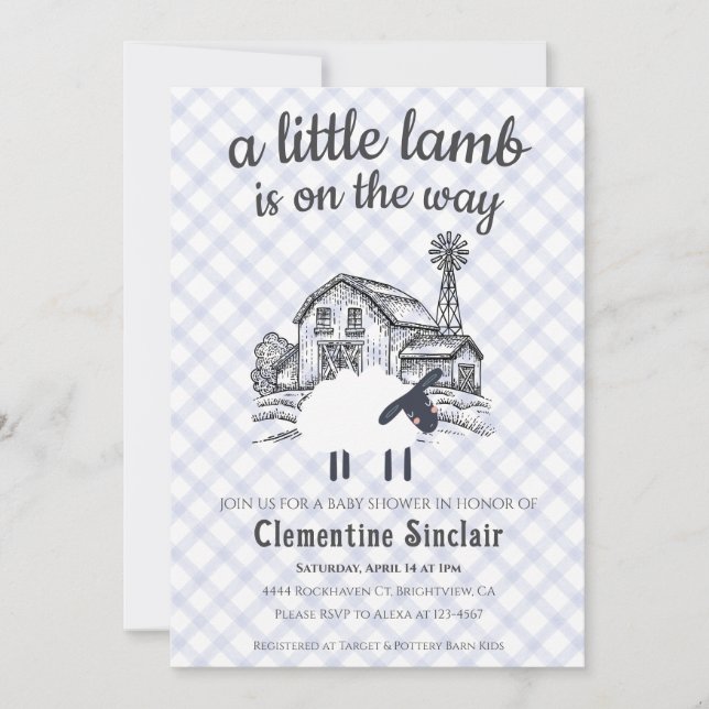 Convite 004 Indigo Blue A Little Lamb Gingham Baby Shower (Frente)