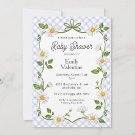 Convite 004 Indigo Blue Floral Daisy Plaid Baby Shower