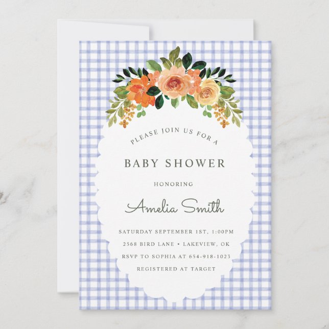 Convite 004 Indigo Floral Gingham Baby Shower Invitations (Frente)