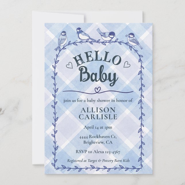 Convite 004 Indigo Watercolor Gingham Birds Baby Shower (Frente)