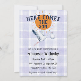 Convite 004 Indigo Watercolor Plaid Stork Boho Baby Shower