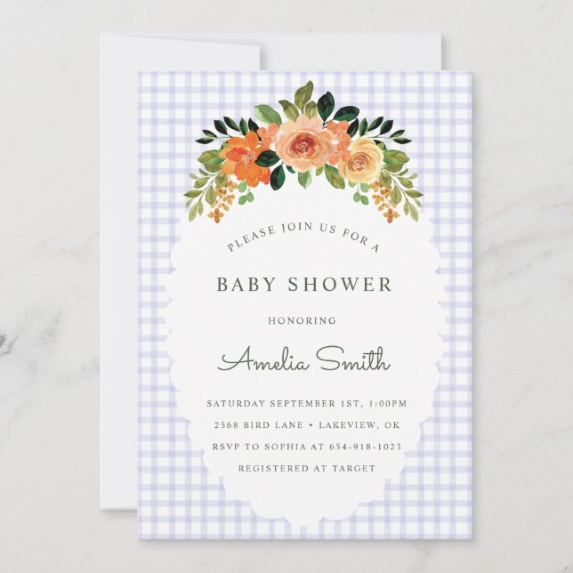 Convite 005 Iris Floral Gingham Baby Shower Invitations (Frente)