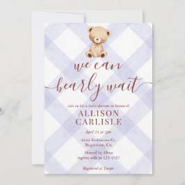 Convite 005 Iris Lavender Teddy Bear Gingham Baby Shower