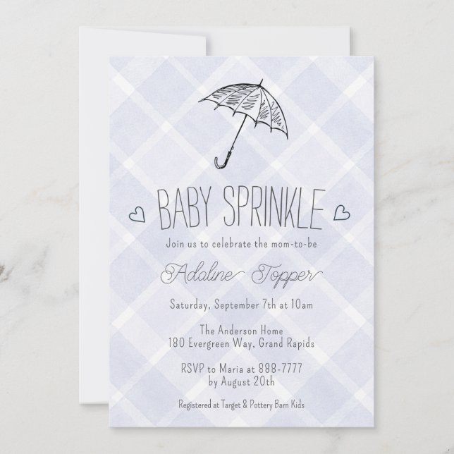 Convite 005 Iris Plaid Umbrella Baby Sprinkle Shower (Frente)