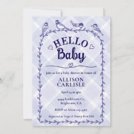 Convite 005 Iris Watercolor Gingham Birds Baby Shower