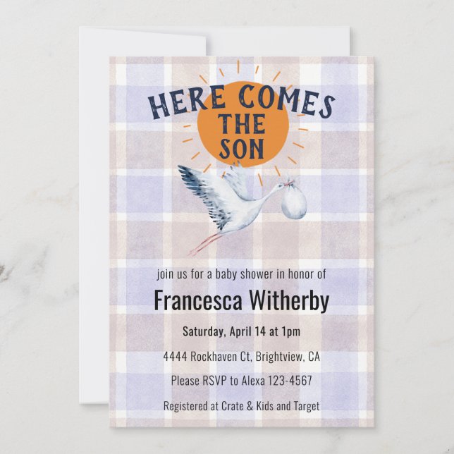 Convite 005 Íris Xadrez Aquarela Cegonha Chá de Bebê Boho (Frente)