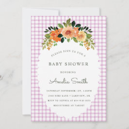 Convite 006 Wine Floral Gingham Baby Shower Invitations