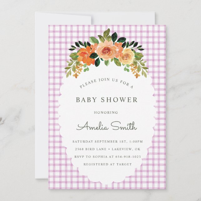 Convite 006 Wine Floral Gingham Baby Shower Invitations (Frente)