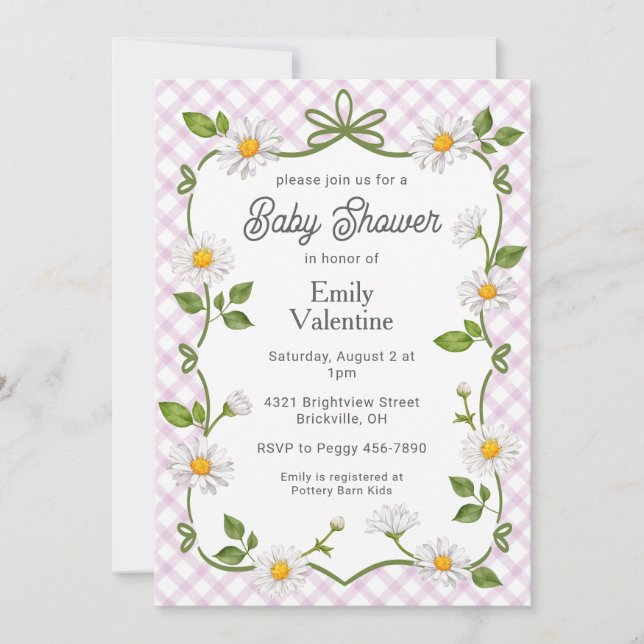 Convite 006 Wine Purple Floral Daisy Plaid Baby Shower (Frente)