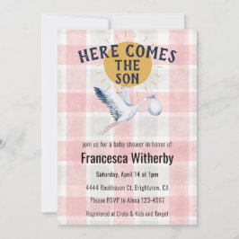 Convite 007 Red 020 Fog Sun Plaid Stork Baby Shower