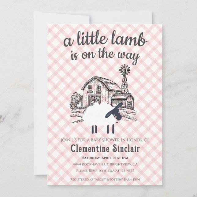 Convite 007 Red A Little Lamb Farm Gingham Baby Shower (Frente)