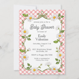 Convite 007 Red Floral Daisy Plaid Baby Shower