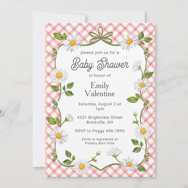 Convite 007 Red Floral Daisy Plaid Baby Shower (Frente)