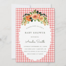 Convite 007 Red Floral Gingham Baby Shower Invitations