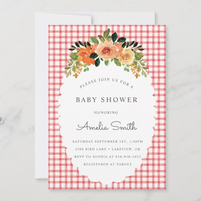 Convite 007 Red Floral Gingham Baby Shower Invitations (Frente)