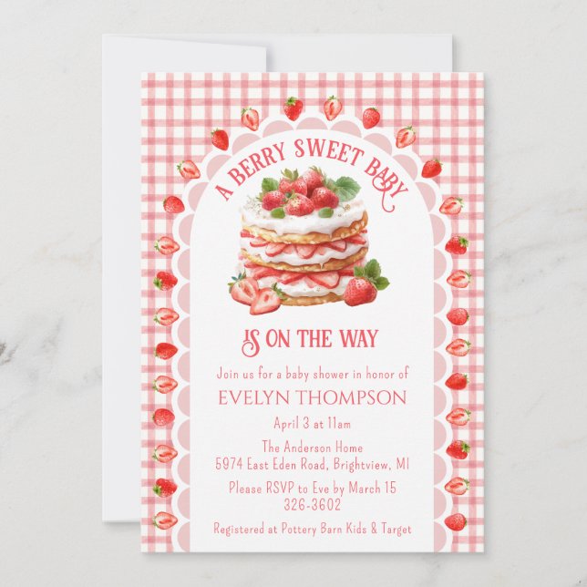 Convite 007 Red Gingham Strawberry Shortcake Baby Shower (Frente)