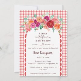 Convite 007 Red Gingham Watercolor Wildflower Baby Shower