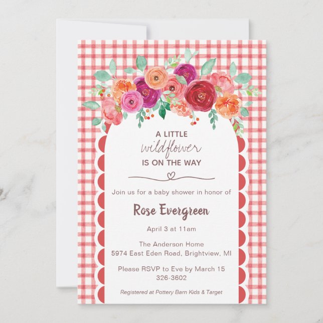 Convite 007 Red Gingham Watercolor Wildflower Baby Shower (Frente)
