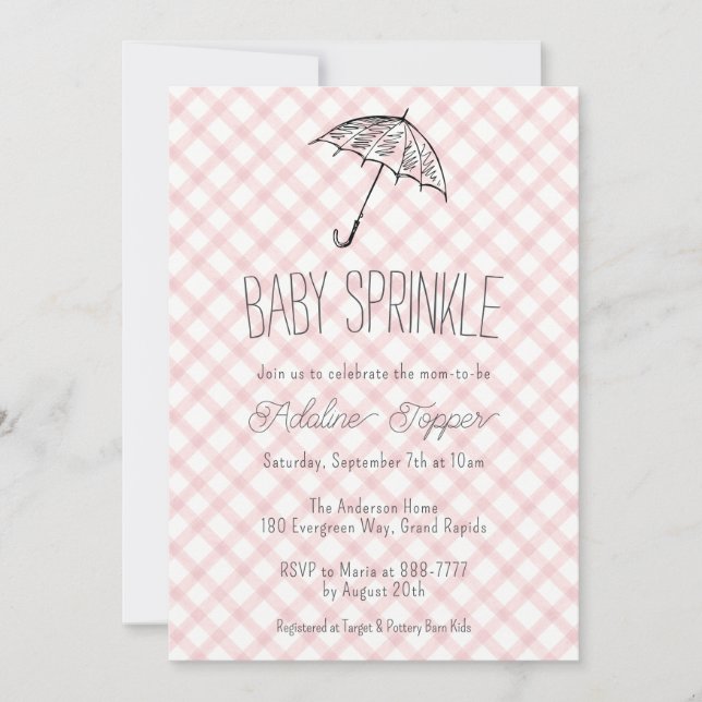 Convite 007 Red Modern Umbrella Gingham Baby Sprinkle (Frente)