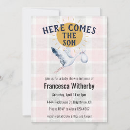 Convite 008 Blush 020 Fog Sun Plaid Stork Baby Shower