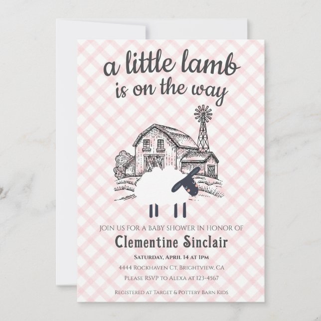 Convite 008 Blush A Little Lamb Farm Gingham Baby Shower (Frente)
