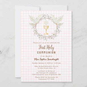 Convite 008 Blush Dove & Chalice Gingham Primeira Comunhão