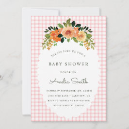 Convite 008 Blush Floral Gingham Baby Shower Invitations