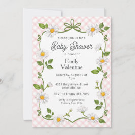 Convite 008 Blush Pink Floral Daisy Plaid Baby Shower