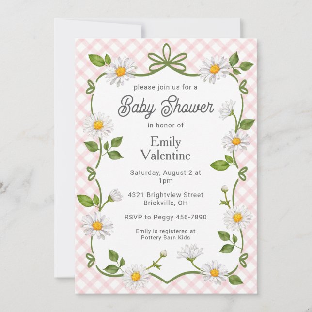 Convite 008 Blush Pink Floral Daisy Plaid Baby Shower (Frente)