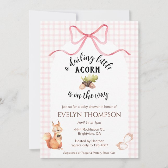 Convite 008 Blush Pink Squirrel Acorn Gingham Baby Shower (Frente)