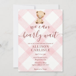 Convite 008 Blush Pink Teddy Bear Gingham Baby Shower
