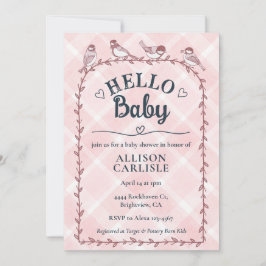 Convite 008 Blush Watercolor Gingham Birds Baby Shower