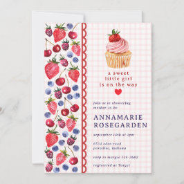Convite 008 Rosa Bege Patch de Morango Cupcake Chá de Bebê