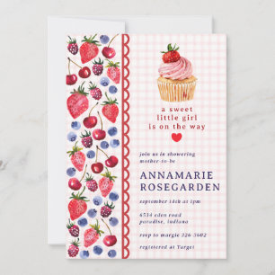 Convite 008 Rosa Bege Patch de Morango Cupcake Chá de Bebê
