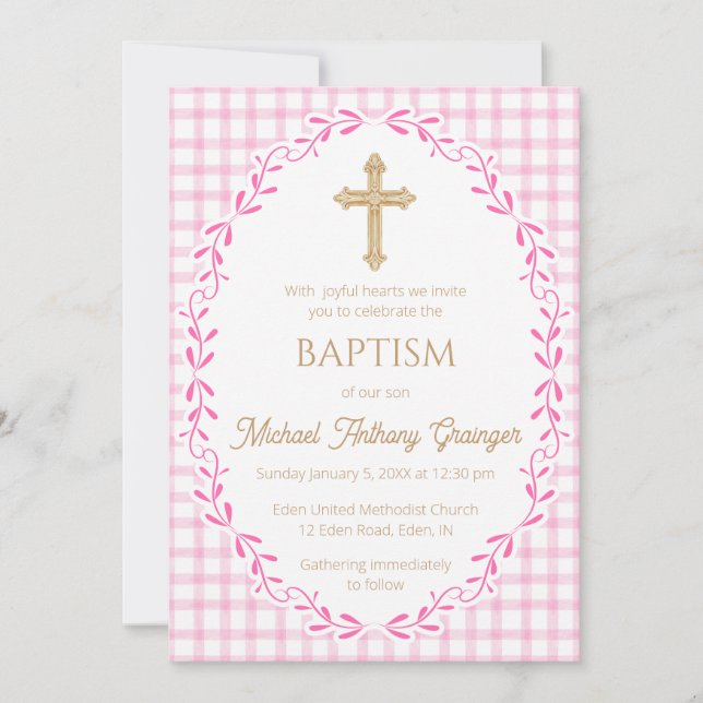 Convite 009 Fuchsia Botanical Vine Ornate Cross Baptism (Frente)