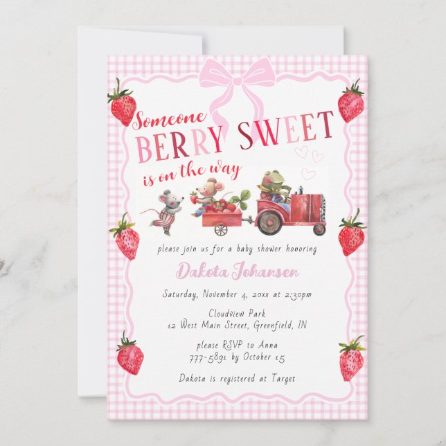 Convite 009 Fúcsia Gingham Berry Doce Festa de Bebê Farm (Frente)