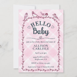 Convite 009 Fúcsia Xadrez Aquarela Chá de Bebê Pássaros