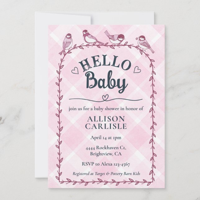 Convite 009 Fúcsia Xadrez Aquarela Chá de Bebê Pássaros (Frente)