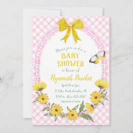 Convite 009 Laço de Gingham de Margarida Amarela Fúcsia pa