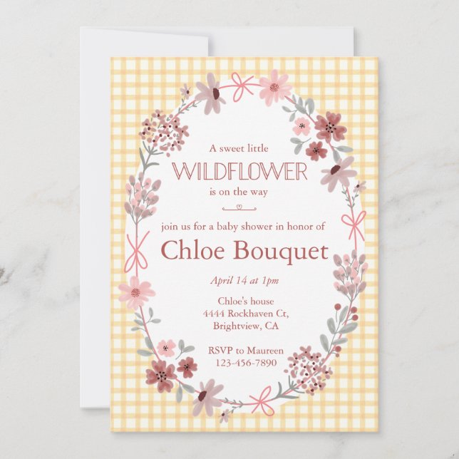 Convite 010 Amber Boho Wildflower Bow Gingham Baby Shower (Frente)
