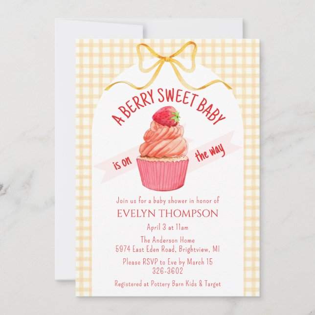 Convite 010 Amber Plaid Berry Sweet Strawberry Baby Shower (Frente)